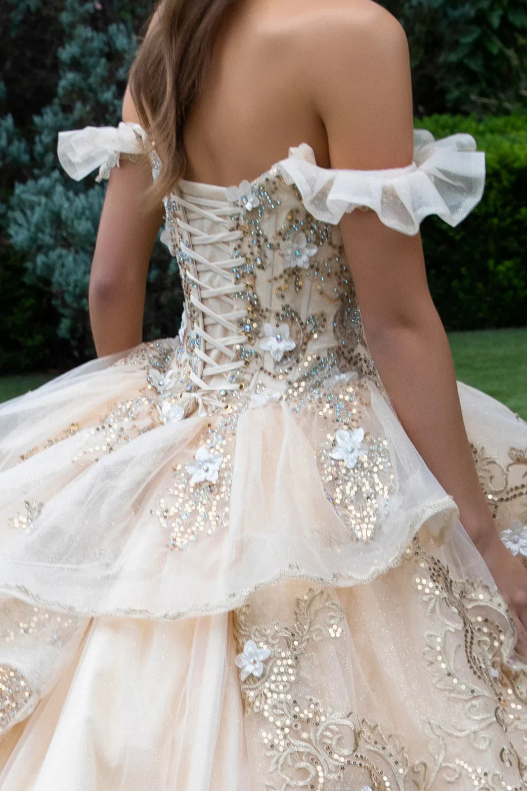 3d flower accented metallic embroidery glitter mesh quinceanera dress GLGL3528