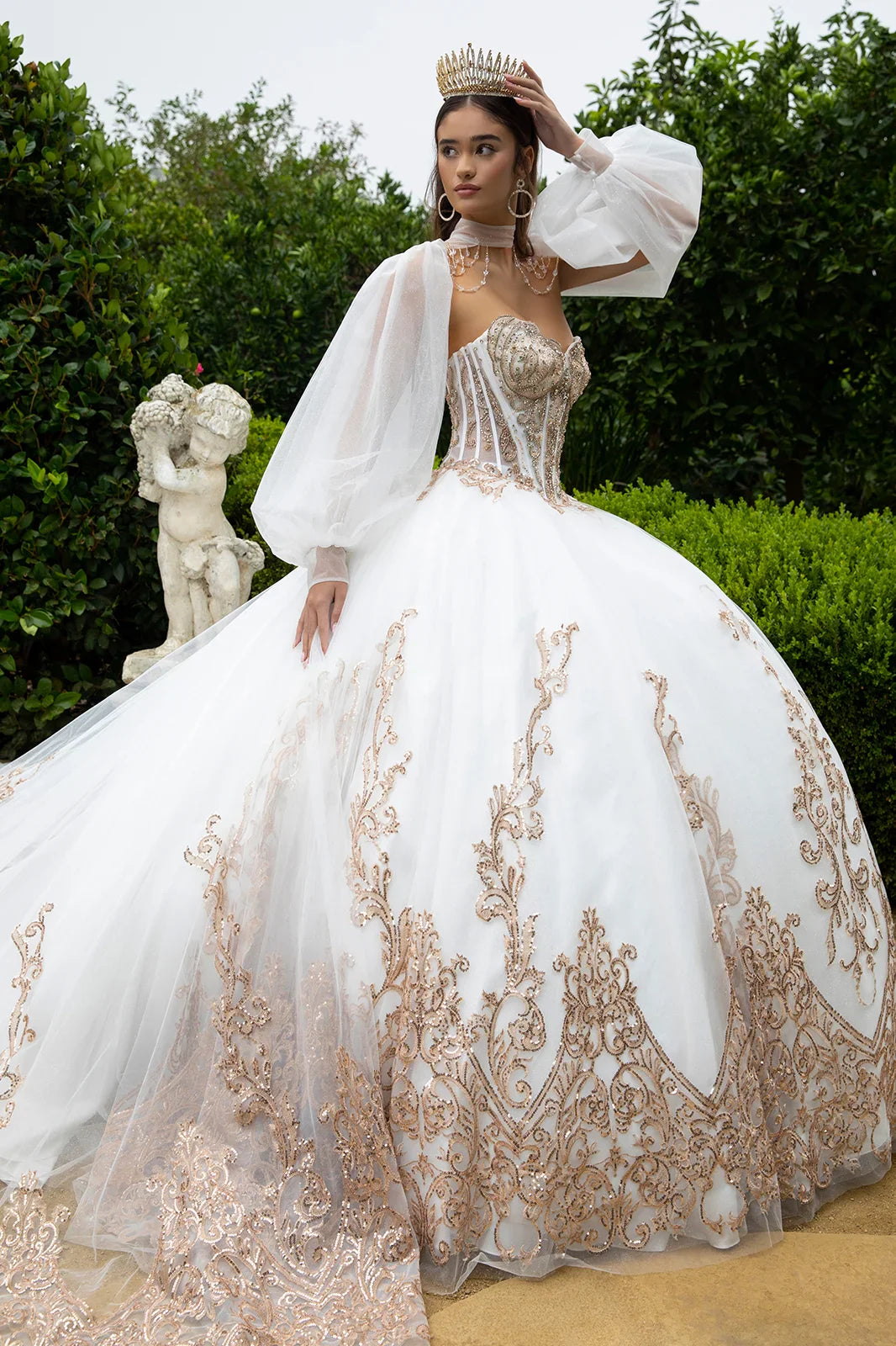 Embellished scallop edge corset with matching dangling loop bead fringe slit bishop sleeve bolero Quinceanera GLGL3578