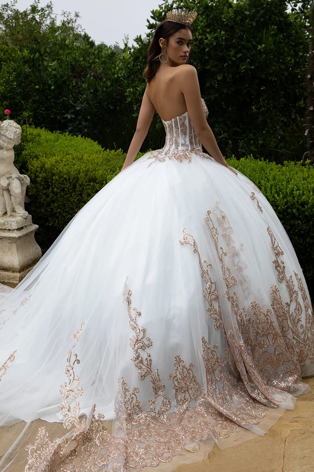 Embellished scallop edge corset with matching dangling loop bead fringe slit bishop sleeve bolero Quinceanera GLGL3578