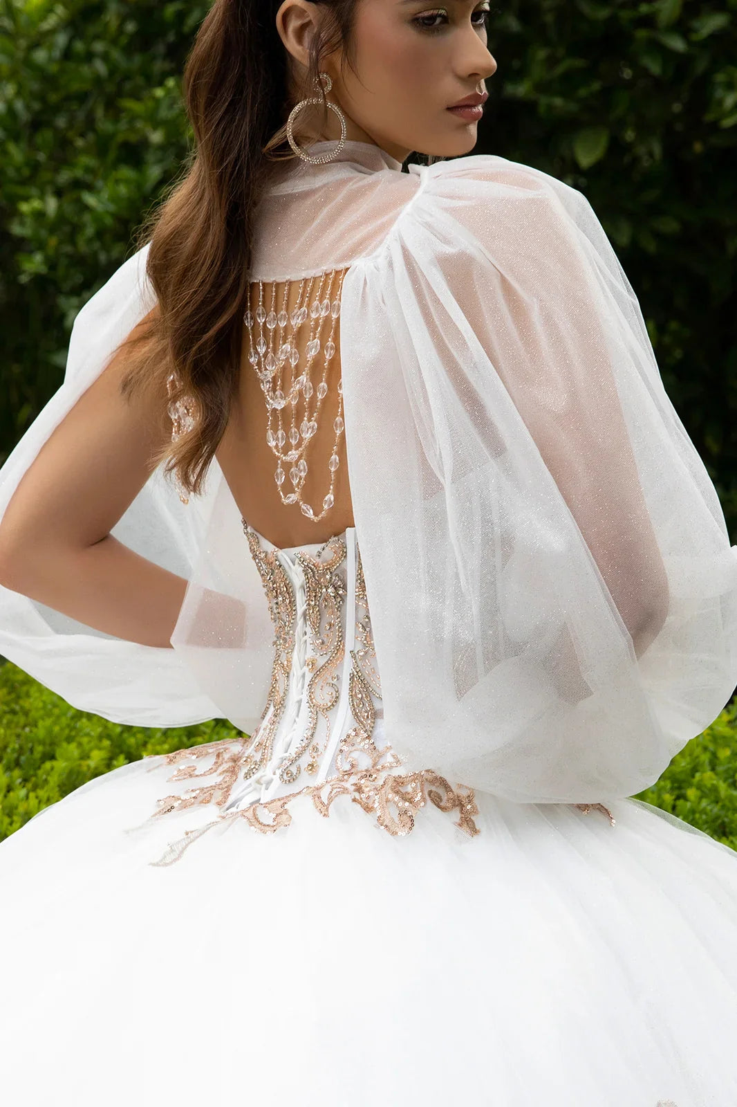 Embellished scallop edge corset with matching dangling loop bead fringe slit bishop sleeve bolero Quinceanera GLGL3578