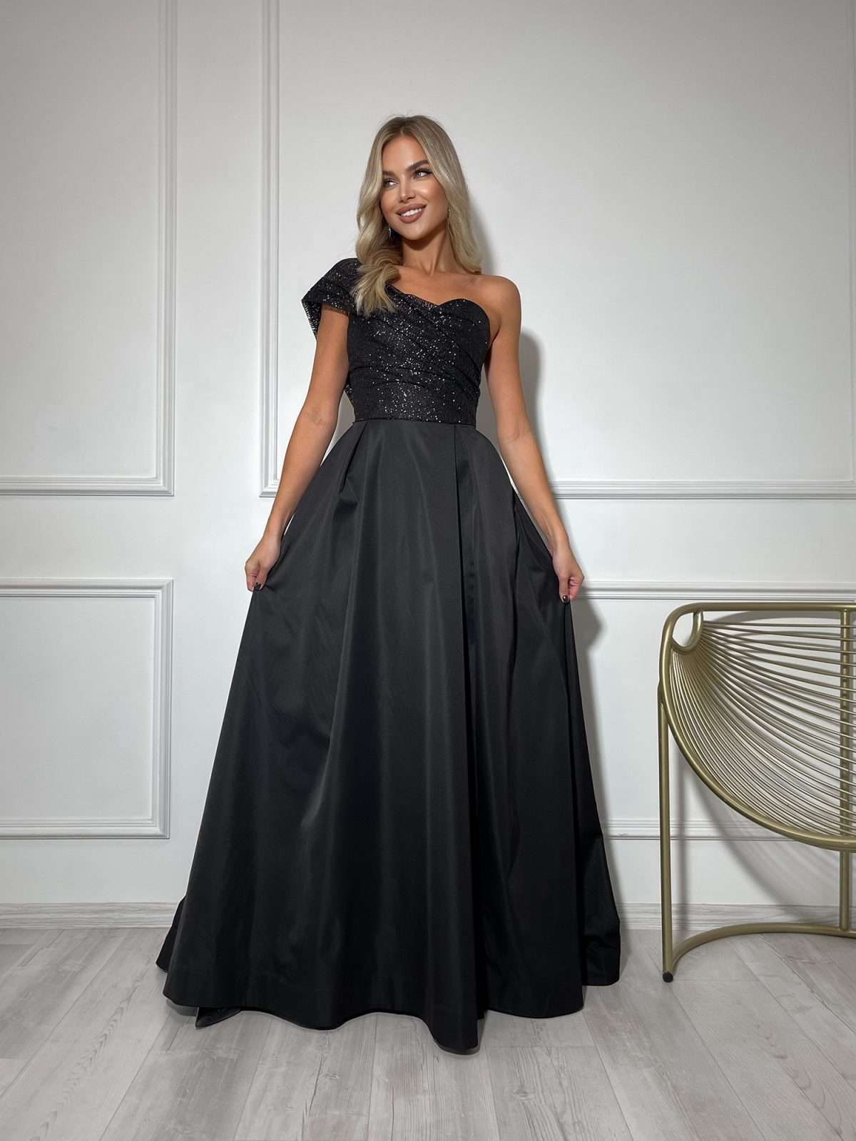 Full-length back view of lavender satin maxi dress with structured corset and one-shoulder silhouette