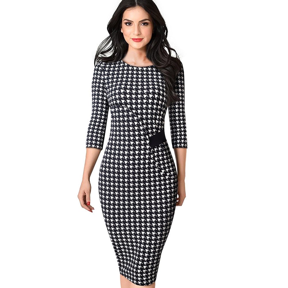 Autumn Elegant Printed Patchwork Dresses Business Bodycon Fitted Women Office Dress