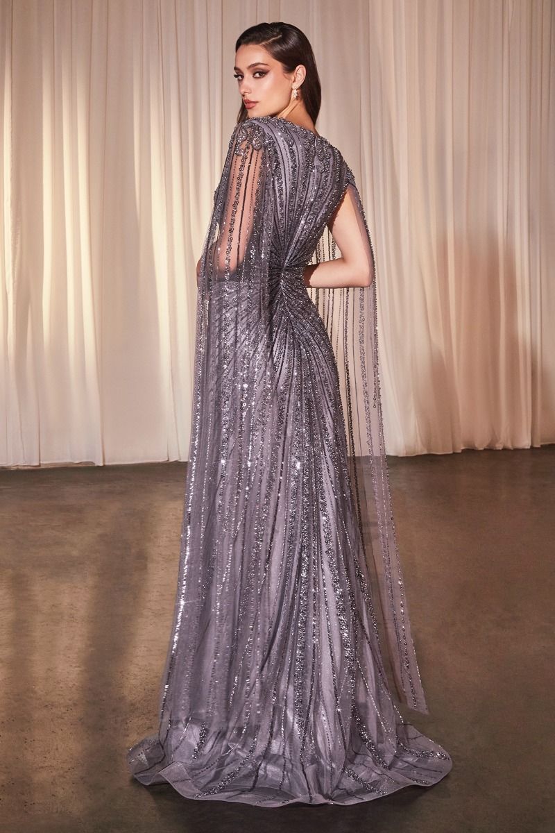 Sparkling Sequins Embellished Maxi Evening Gown w/ Long Drape Sleeves & Elegant V-Neck CD0239