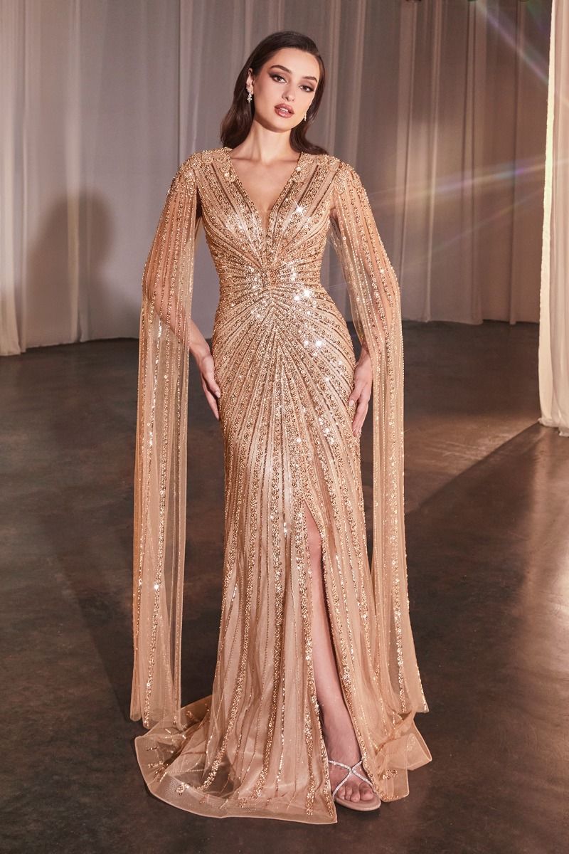 Sparkling Sequins Embellished Maxi Evening Gown w/ Long Drape Sleeves & Elegant V-Neck CD0239