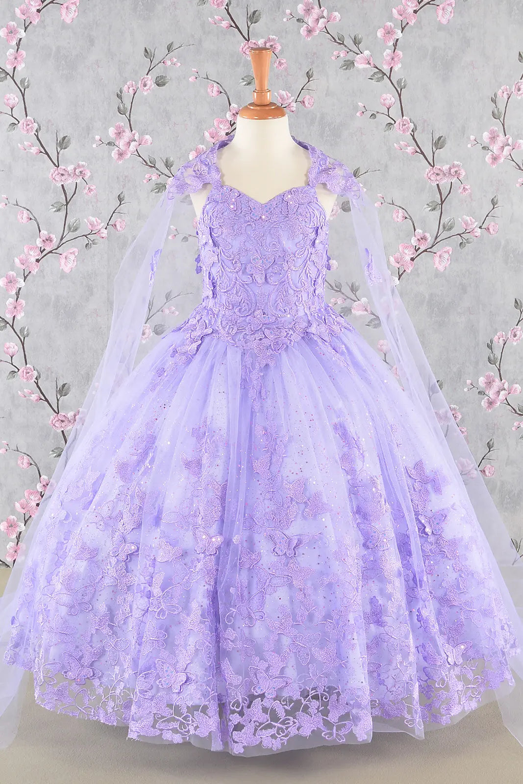 3 d butterfly sequin mesh kids dress w detachable long mesh cape GLGK114