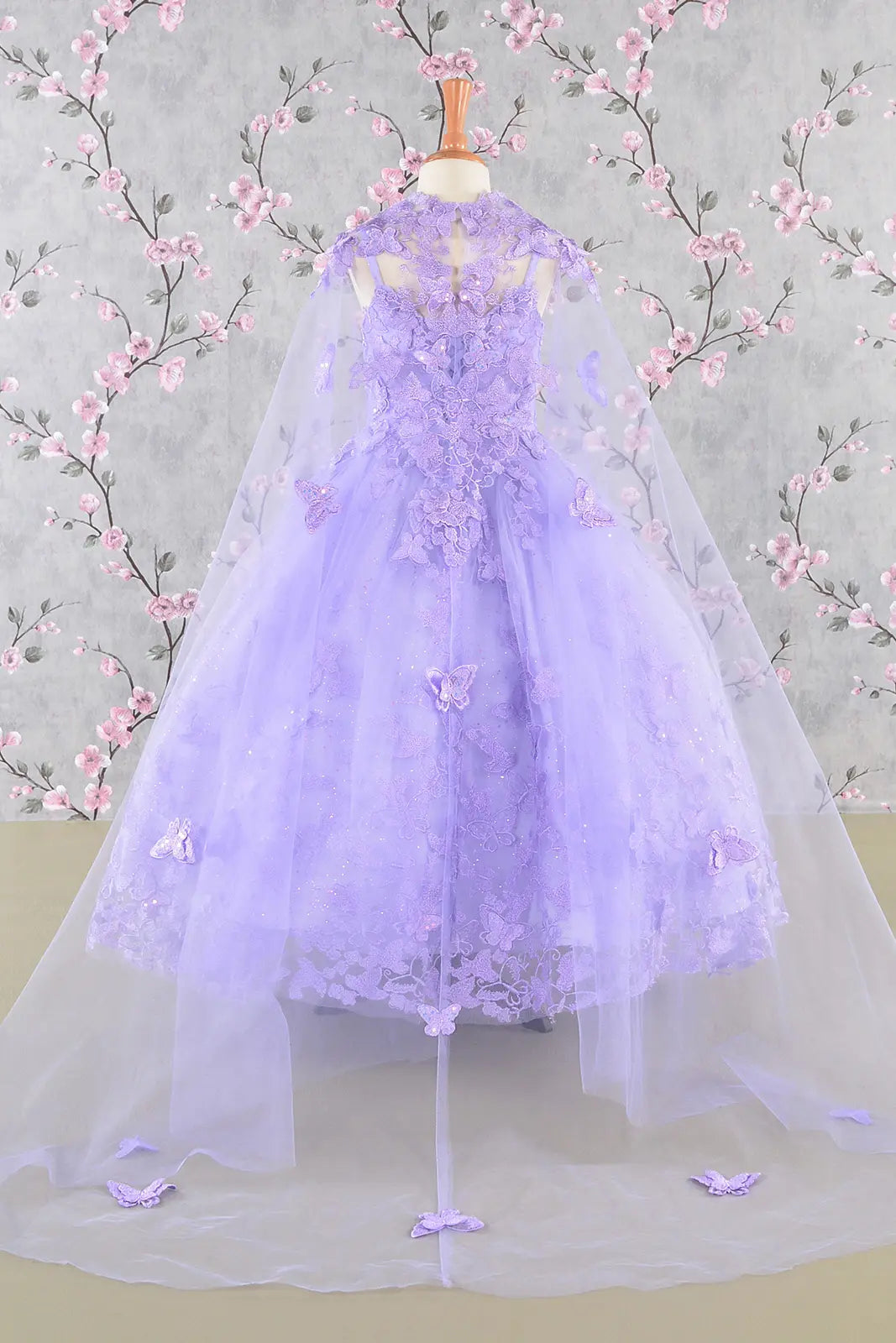 3 d butterfly sequin mesh kids dress w detachable long mesh cape GLGK114