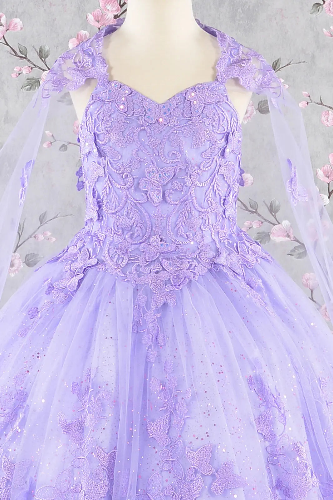 3 d butterfly sequin mesh kids dress w detachable long mesh cape GLGK114