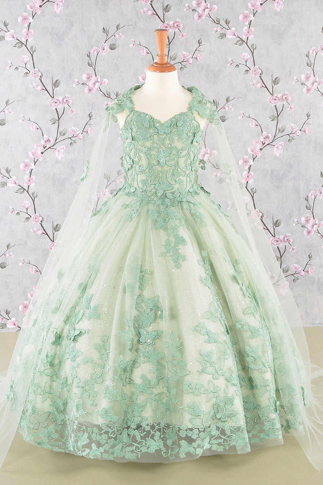3-D Butterfly Sequin Mesh Kids Dress w/ Detachable Long Mesh Cape