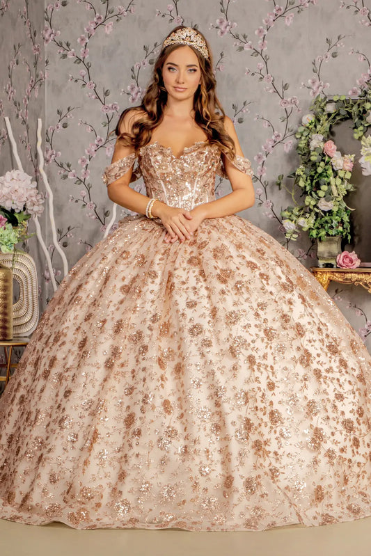Metallic 3 d flower off shoulder mesh Quinceanera ball gown w ruffled back GLGL3485