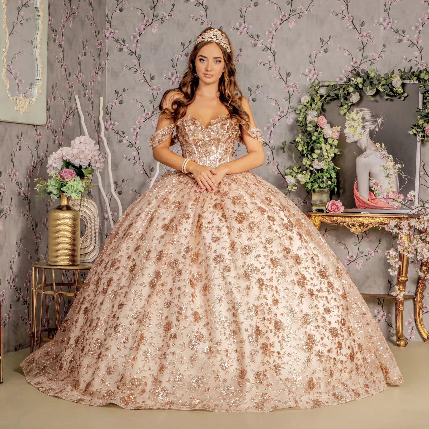 Metallic 3 d flower off shoulder mesh Quinceanera ball gown w ruffled back GLGL3485