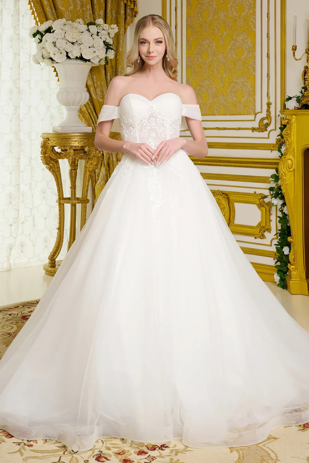 Pleated off shoulder around strap bust lattice pattern bodice embellished a line wedding gown GLGL3657