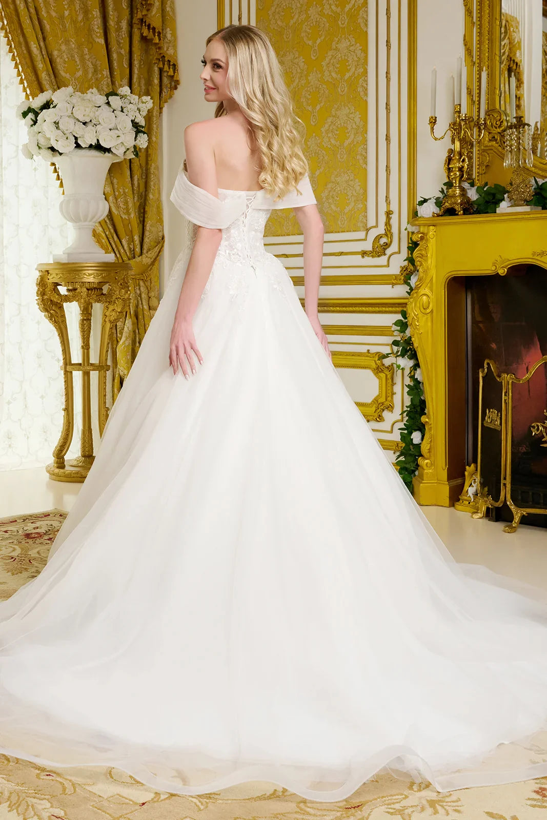 Pleated off shoulder around strap bust lattice pattern bodice embellished a line wedding gown GLGL3657