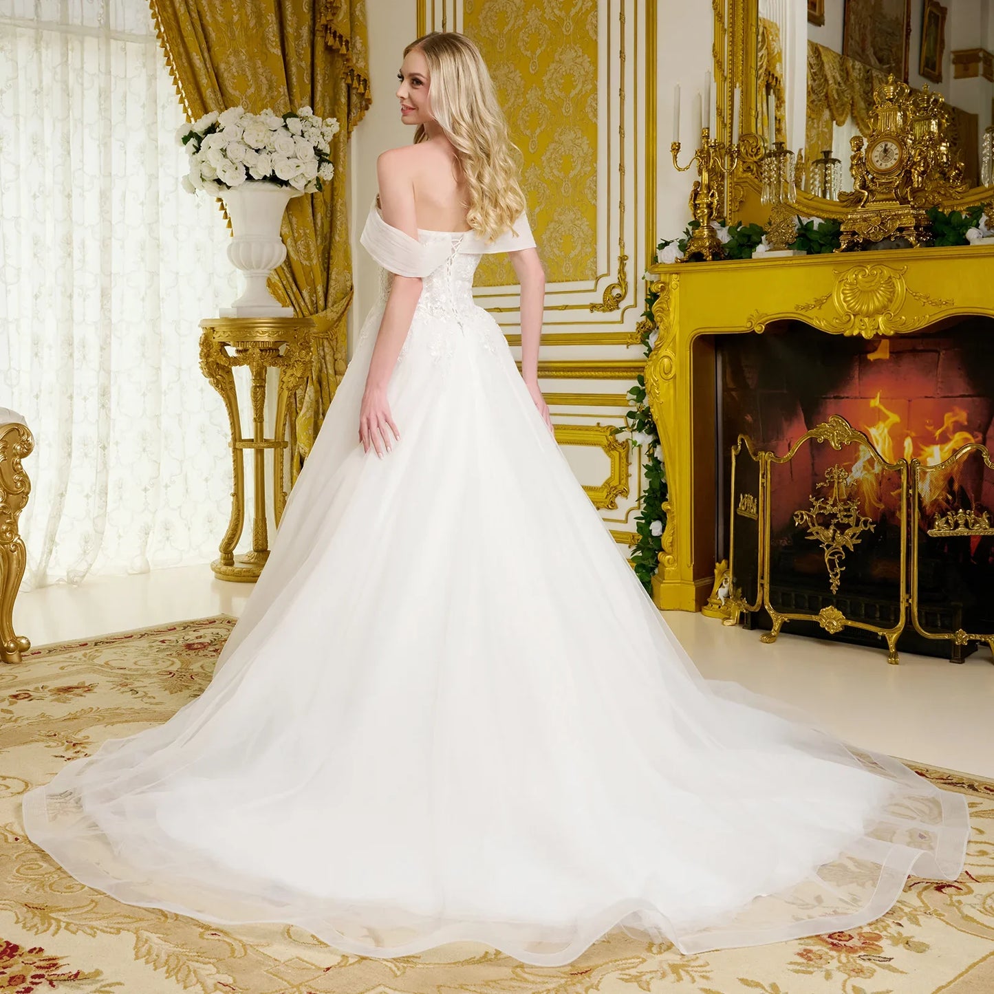 Pleated off shoulder around strap bust lattice pattern bodice embellished a line wedding gown GLGL3657