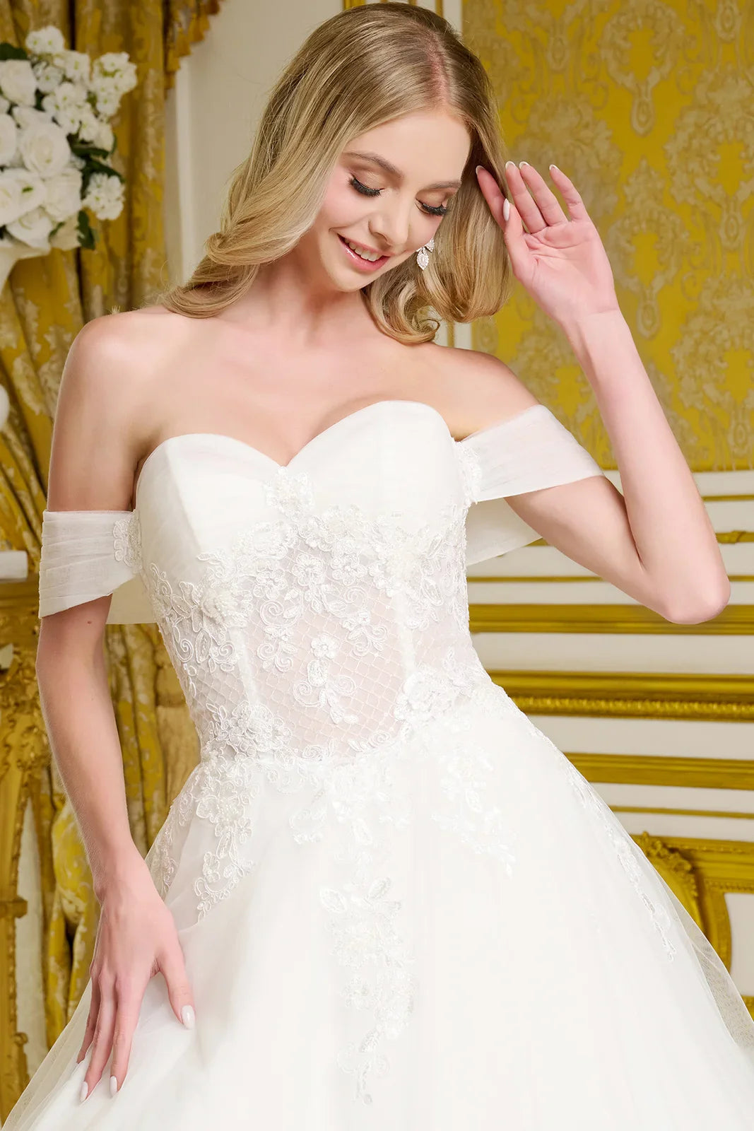 Pleated off shoulder around strap bust lattice pattern bodice embellished a line wedding gown GLGL3657