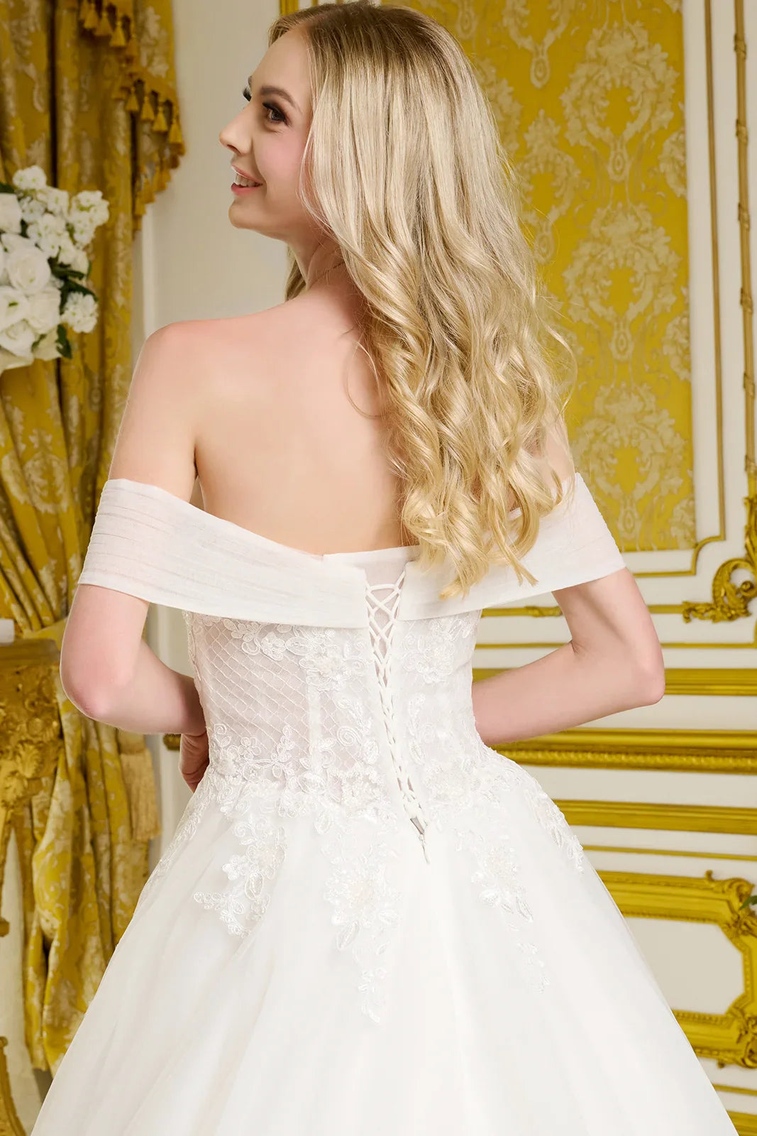 Pleated off shoulder around strap bust lattice pattern bodice embellished a line wedding gown GLGL3657