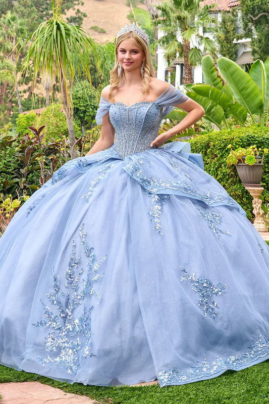 Ruched off shoulder straps corset cover bodice train Quinceanera  ball gown overskirt with detachable bow GLGL3727
