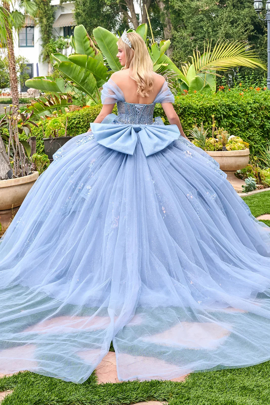 Ruched off shoulder straps corset cover bodice train Quinceanera  ball gown overskirt with detachable bow GLGL3727