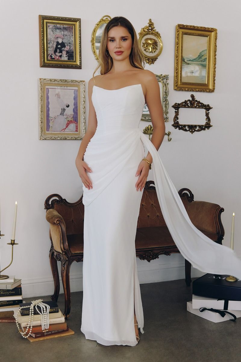 Strapless Off White Modern Bridal Gown w/ Side Sash & Lace Up Back CDT726W