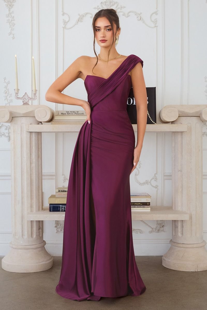 One Shoulder Stretch Satin Gala Gown w/ Pleated Shoulder Sash & Eye-Catching Leg Slit CDT817