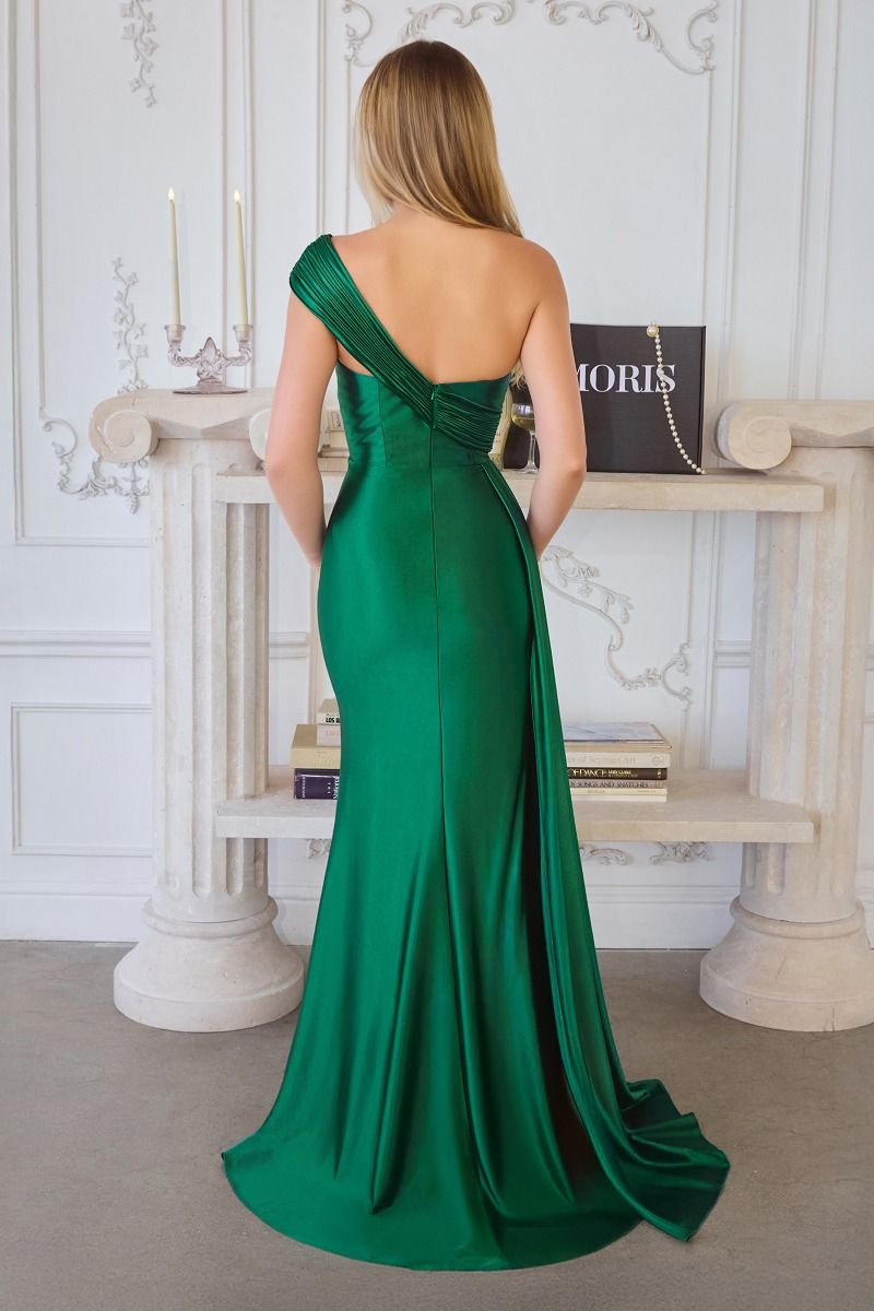 One Shoulder Stretch Satin Gala Gown w/ Pleated Shoulder Sash & Eye-Catching Leg Slit CDT817