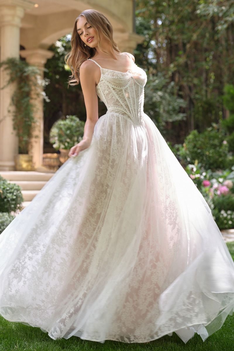 Charming Floral Lace Embellished Modern Bridal Gown w/ Scoop Neckline & Corset Bodice CDWL069